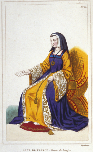 Anne de Beaujeu or Anne of France, French princess (1460-1522).Elder daughter of the Louis dolphin, future Louis XI, she ruled with the help of her husband, Pierre de Beaujeu, lieutenant general of the kingdom, to whom Louis XI had entrusted the custody of the future Charles VIII. Engraving from 1830.