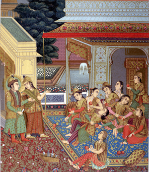 An Indian harem. Illustration of a Moghol miniature (school of Indian miniaturists of the 16th and 17th century).