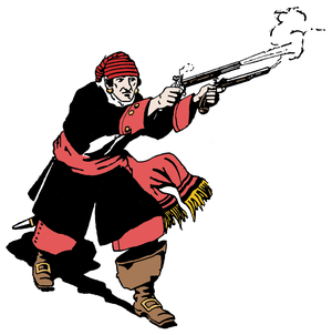 Representation of a pirate firing with two pistols at the enemy Illustration from “The boy's book of pirates and the great sea rovers”” by George Albert Williams (1875-1932) 1900