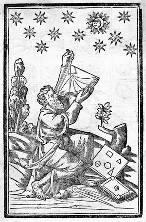 An astrologer measures height during the moon eclipse.