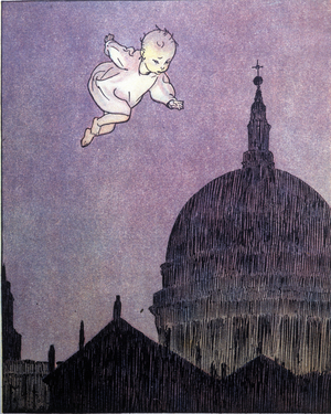 Illustration for “La storia di Peter Pan””, fable by James Matthew Barrie (JM or J. M. Barrie, 1860-1937); narrated by Pia Piccoli Addoli; illustration by Gustavino (Gustavo Rosso) (1881 - 1950). Turin, 1947.