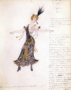 Multzer's costume for the first performance in Paris of “the cheerful widow”” by Franz Lehar, Hungarian composer (1870-1948). Paris Library of the Opera.