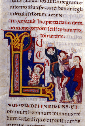Le martyre de saint Etienne (santo Stefano) par lapidation d'aprés ""Historia sanctorum"" 14eme siècle.