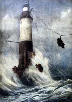 The keeper of the lighthouse of Amen, on the French coast, had remained isolated from the mainland for 53 days due to bad weather conditions. He managed, thanks to a dangerous acrobatic journey, to return to land. Ill. d'A. Beltrame. La Domenica del corriere. 1926.