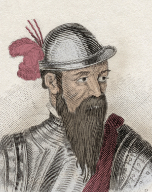 Portrait of Francisco Pizarro (Francois Pizarre, circa 1478-1541), Spanish conquistador. Engraving of the 19th century.