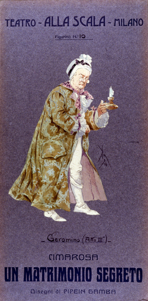 Character ""Geromino"" in ""Secret Marriage"". (matrimonio Segreto) by Domenico Cimarosa (1749 - 1801). Costume by F. Gamba - Scala of Milan, 1912.