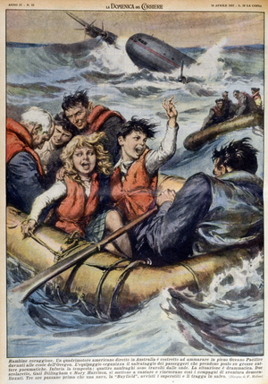 Survivors of an American seaplane, struggling with the storm and seeing the lifeboat arrive - in “La Domenica del Corriere””, June 6, 1943.