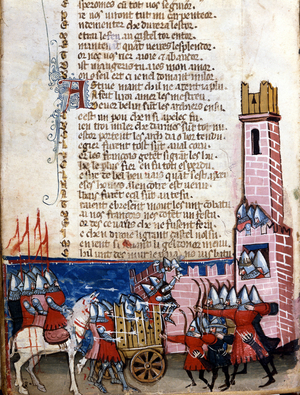 Gestures song: battle scene near a fortified city. Charlemagne's troops (742-814) fought against the Moors of Spain. Miniature taken from the French-Italian manuscript “Entreée d'Espagne””, Venice School 14th century, Biblioteca Marciana, Venice.