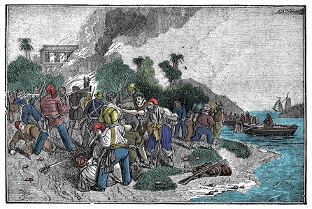 The death of Captain Edward Davis, 17th century. Engraving of “” The pirate own book” by Charles Ellms 1837