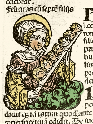 Representation of Saint Felicite, martyrdom in Rome with the heads of his seven children. xylography of Hartmann Schedel “” Chronicles of Nuremberg””” 1493.