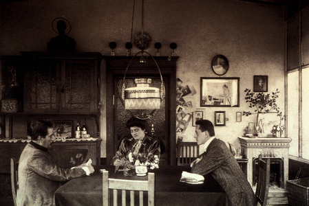 The composer Giacomo Puccini (1858-1924) with his wife Elvira and their son Antonio in their house in Torre del lago.
