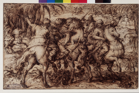 Chasse au lion. Dessin de Giovanni Stradano (Jan Van Der Straet) (Johannes Stradanus) (1523-1605). Florence, Gabinetto dei Disegni e delle Stampe degli Uffizi (Uffizi). GDSU 2345 F  