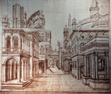 Baldassarre Peruzzi (1481 - 1536): Scenography project for a theatrical representation, the scene reproduces the palaces and ruins of a city of ancient Rome