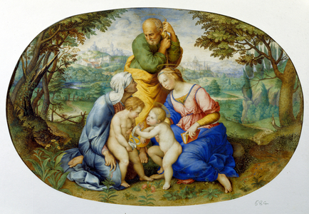 Anonymous miniaturist, Oval with Jesus, Mary, Joseph (Holy Family), Saint Elizabeth and Saint John the Baptist child, with a background of countryside and city on the horizon