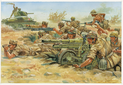 Second World War: Soldiers of the Folgore Division, a unit of Italian paratroopers in North Africa, 1941 - WWII: 185 Airborne Division Folgore of the italian army in North africa, 1941 - Illustration by Giuseppe Rava