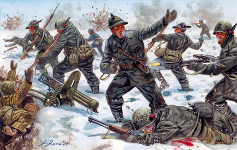 Second World War, Russian Front: Italian Alpine Hunters in Russia in January 1943 - WWII, russian front: the italian alpine in Russia, January 1943 - Illustration by Giuseppe Rava