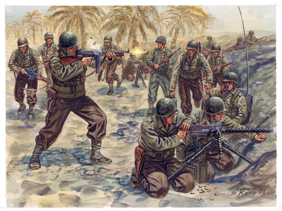 Second World War, Tunisia Campaign: American Infantry Offensive in the Battle of Tunisia, 1942-1943 - WWII, Tunisia Campaign: american offensive during Battle of Tunisia, 1942-1943 - Illustration by Giuseppe Rava