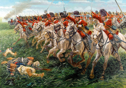 First Empire: The Charge of the Royal Scots Greys, Scottish Dragon Regiment, a Waterloo, 1815 - Royal Scots Greys, cavalry regiment of the British Army, charging in Waterloo, 1815 - Illustration by Giuseppe Rava