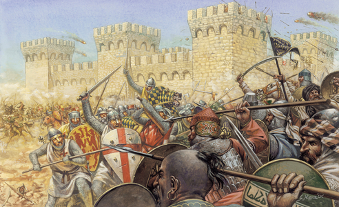 Crusade: fight between crusaders and saracens near a fortress -