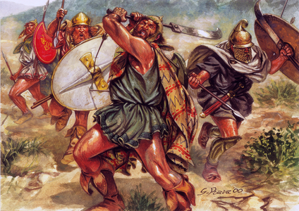 Greek antiquite: Thracian peltastes, mercenaries recruited to fight with Greek hoplites - Thracian peltasts fighting with greek hoplites - Illustration by Giuseppe Rava