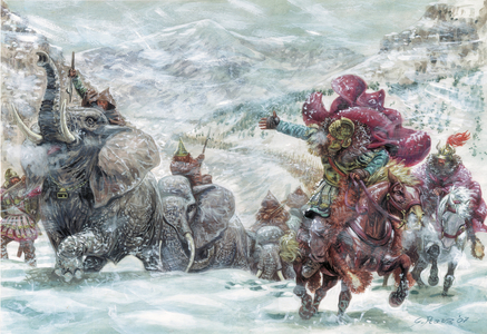 Antiquite romaine: les elephants d'Hannibal pendant la traversee des Alpes - representation des elephants qui permirent au general carthaginois Hannibal (247-183 avant JC) de traverser les Alpes en 218 avant JC lors de la deuxieme guerre punique (Hannibal crossing the Alps on elephants during the second punic war) Illustration by Giuseppe Rava 