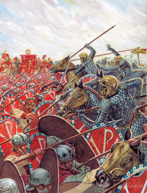 Antiquite romaine : la Bataille du pont Milvius le 28/10/312 entre Constantin et Maxence pres de Rome, italie - Battle of the Milvian Bridge between the Roman Emperors Constantine I and Maxentius on 28 October 312 near Rome - Illustration de Giuseppe Rava 