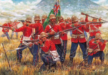 Guerre anglo-zouloue : soldats de l'empire britannique lors de la Bataille d'Isandhlwana (Isandlwana ou Isandula) en Afrique du sud, 22/01/1879 - Anglo-Zulu War : soldiers of British empire, Battle of Isandlwana on 22 January 1879 - Illustration by Giuseppe Rava 