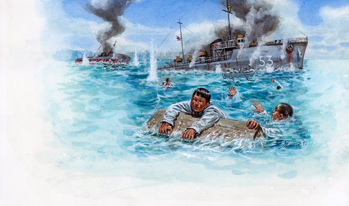 French-Thai War (1940-1941): naval battle between the army of Thailand of General Plaek Pibulsonggram dit Phibun and the French army of the government of Vichy in Indochina - Franco-Thai War: naval battle fought between Thailand and Vichy France - Illustration by Giuseppe Rava