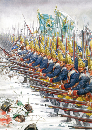 Guerre de Sept Ans : les grenadiers de l'armee prussienne lors de la bataille de Leuthen, 05/12/1757 - The Potsdam Guard Parade at Leuthen, 5 December 1757 during the Seven Years War - Illustration by Giuseppe Rava