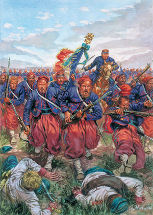 Italian Campaign of 1859 (Second Italian Independence War): the charge of the Zouaves of the French Armee of Napoleon III during the Battle of Solferino on 24/06/1859 - Second Italian War of Independence (Franco-Austrian War, Austro-Sardinian War, Austro-Piedmontese War or Italian War of 1859): french zouaves during Battle of Solferino and San Martino on 24 June 1859 - Illustration by Giuseppe Rava