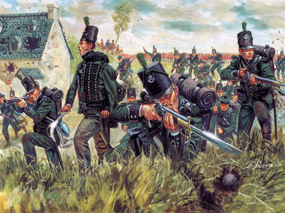 Napoleonic War: British riflemen of the 95th Regiment of Rifliers defend a sand quarry at the Battle of Waterloo 18/06/1815 - (Napoleonic wars: british riflemen defending a sand quarry during the battle of Waterloo on 18th June 1815) Illustration by Giuseppe Rava