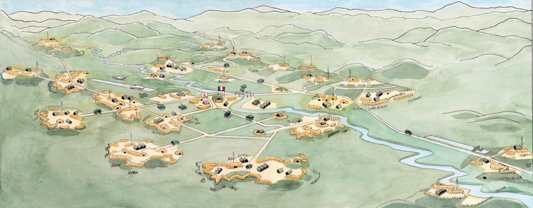 War of Indochina: Plan of the Battle of Dien Bien Phu (Dien-Bien-Phu) opposing the French army to that of Vietnam from November 1953 to May 1954 - First Indochina war: map of the Battle of Dien Bien Phu between the French Union's French Far East Expeditionary Corps and Viet Minh communist-nationalist revolutionaries in 1954 - Illustration by Giuseppe Rava