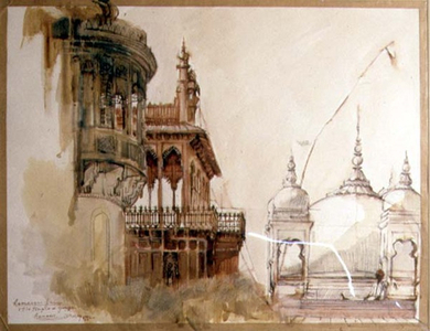 Old Ramnagur Palace and Temple, Banares, 1992 (pen and ink with w/c, lime wash and wax on paper)