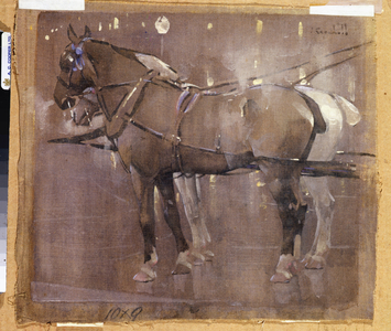 Cab Horses by Gaslight (w/c & bodycolour on linen)