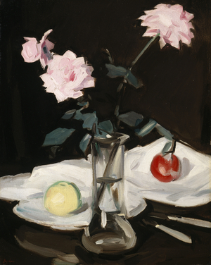 Still life, pink roses (oil on canvas)
