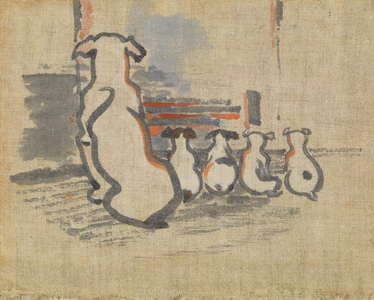 Foxhound and Puppies (gouche on linen)