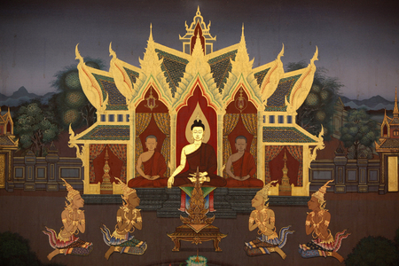 Detail of a mural painting in the Uposatha (shrine hall) of Buddhapadipa temple, Wimbledon, Grande-Bretagne