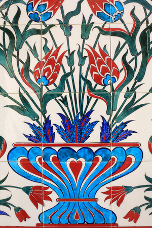 One of the 80 Iznikpanels - highly decorated ceramic tiles popular in the 16th century - which feature distinctly in Istanbuls imperial and religious buildings. Sheikh Zayed Mosque. 1995. Emirate of Abu Dhabi