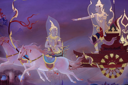 Detail of a mural painting in the Uposatha (shrine hall) of Buddhapadipa temple, Wimbledon, Grande-Bretagne