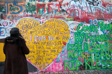 Graffiti dedicated to John Lennon on Lennon Wall in Prague ; Prague Czech Republic