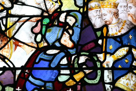Moulins cathedral. Stained glass window. Crusades. Saint Louis and the crown of thorns, 20160603, Moulins, Europe
