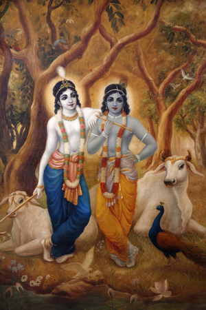 Painting depicting Hindu god Krishna standing next to his brother Balaram. India