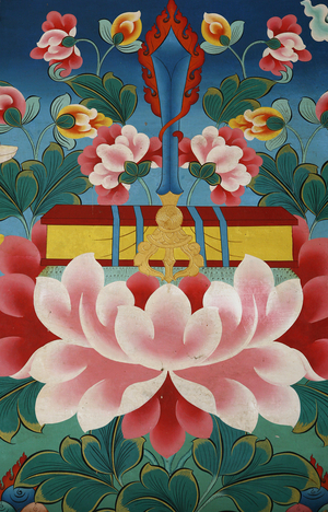 Lotus flower, sword of knowledge and sacred text. Kopan monastery, Kathmandu, Nepal