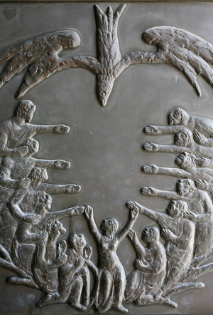 Annunciation basilica door sculpture : Pentecost, Nazareth, Israel