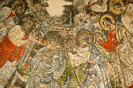 Holy Virgin and Saint John Kame coptic monastery : 9th c. fresco : The annunciation. Mary is surrounded by prophets Moses, Esaiah, Ezechiel and Daniel. Egypt