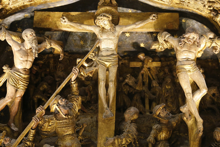 The Victoria and Albert Museum. The Troyes altarpiece. About 1525. France, Troyes. Limestone, painted and gilded. Roman soldier piercing Jesus's side. United kingdom
