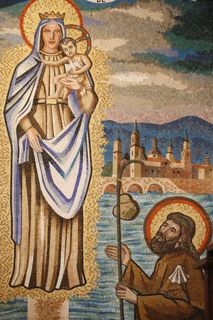 Annunciation basilica painting : pilgrim kneeling before the Virgin, Nazareth, Israel