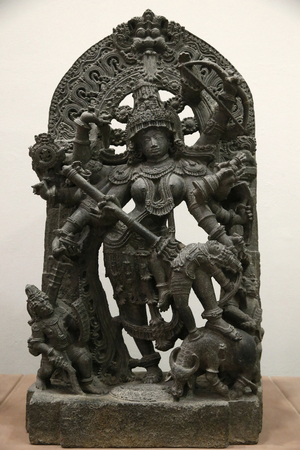 The Victoria and Albert Museum. Durga as Mahisasuramardini. About 1240-60. Hoysala period. Metamorphosed impured limestone. Southwest India (Karnataka). United kingdom