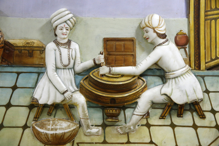 Jalaram Prathna hindu temple, Leicester. Artwork depicting Jalarambapa's life. United kingdom