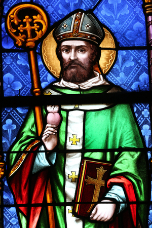 Vault de Lugny church. Stained glass window. St Augustine of Hippo. France